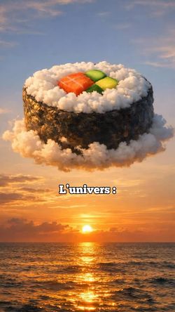 Sushi représentant un rouleau de maki, flottant dans un ciel nuageux au coucher de soleil sur l'océan.