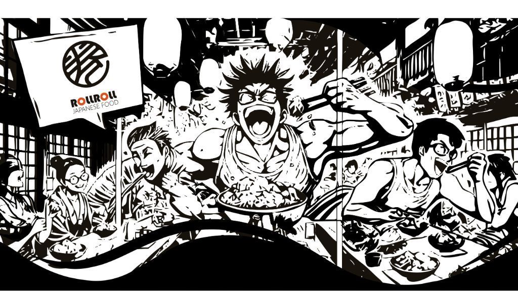 Illustration en noir et blanc montrant un groupe dégustant des plats japonais dans un restaurant RollRoll Vanves.