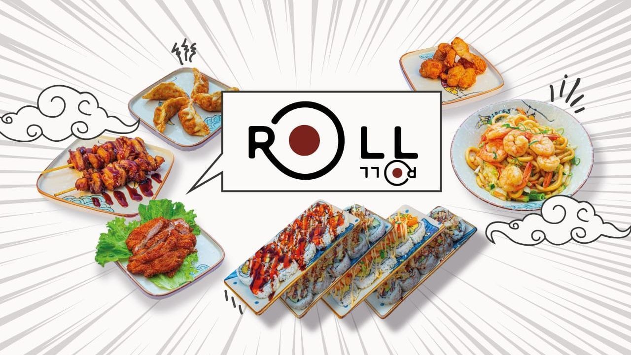 Sélection de sushi, maki, California rolls et plats asiatiques autour du logo du restaurant RollRoll Palaiseau