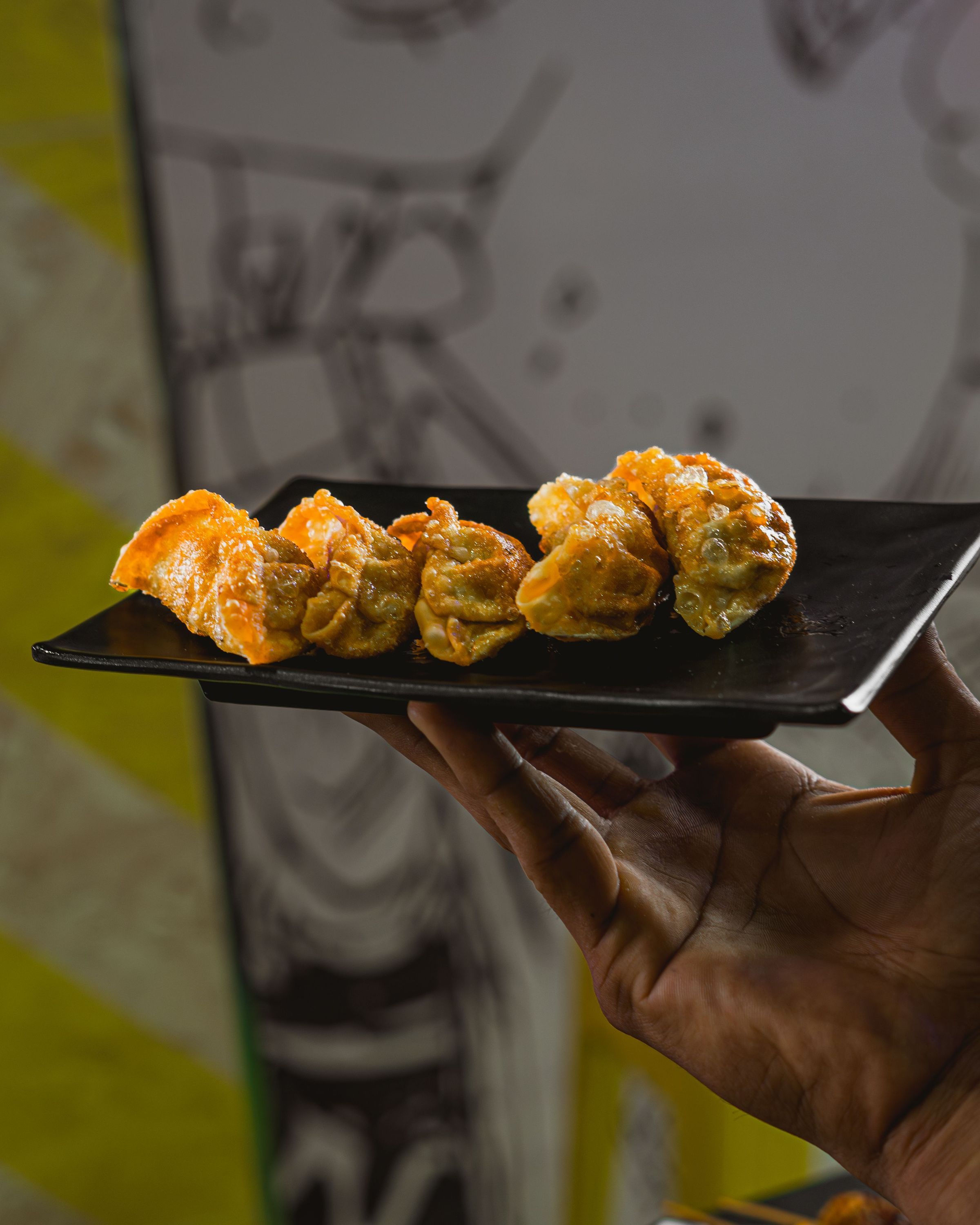 Cinq raviolis frits présentés sur une assiette noire tenue à la main, cuisine asiatique du restaurant ROLLROLL Palaiseau.