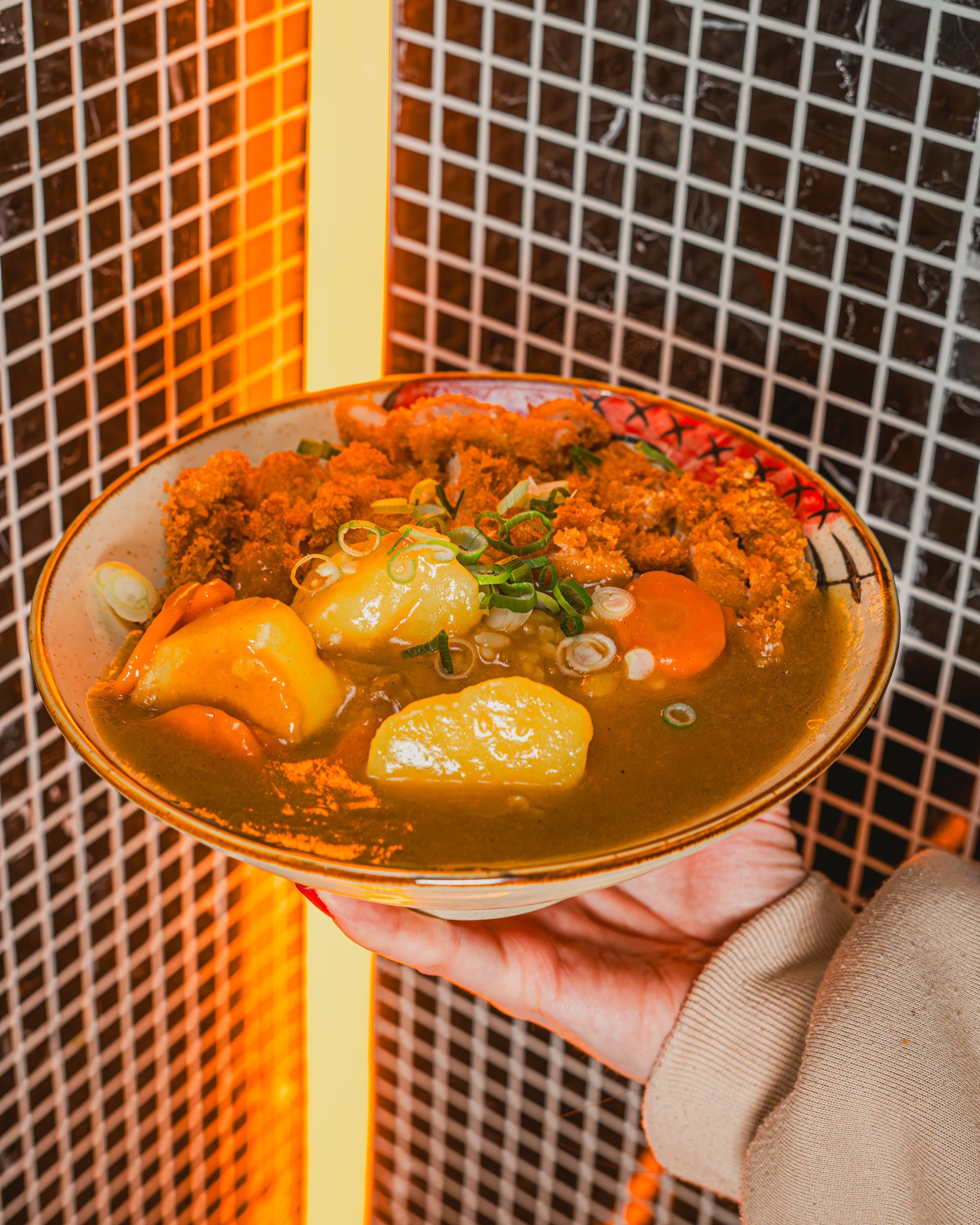 Un plat de curry japonais avec des légumes et de la viande panée, servi dans une assiette décorative.