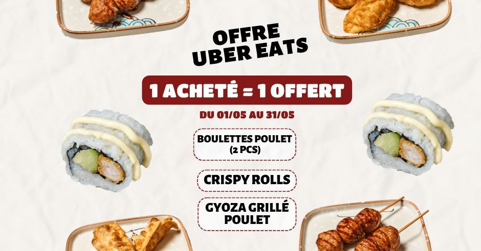 Offre Uber Eats pour ROLLROLL Montreuil, 1 achat = 1 offert sur divers plats japonais.